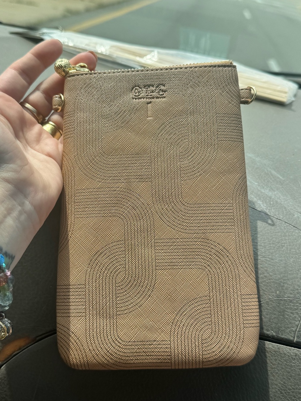 24/7 Tan Embossed Crossbody Phone Pouch with Gold Accents